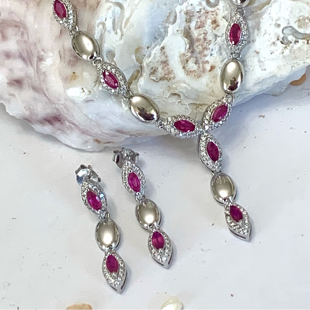 Natural Ruby & Sterling Silver Necklace & Earring Set